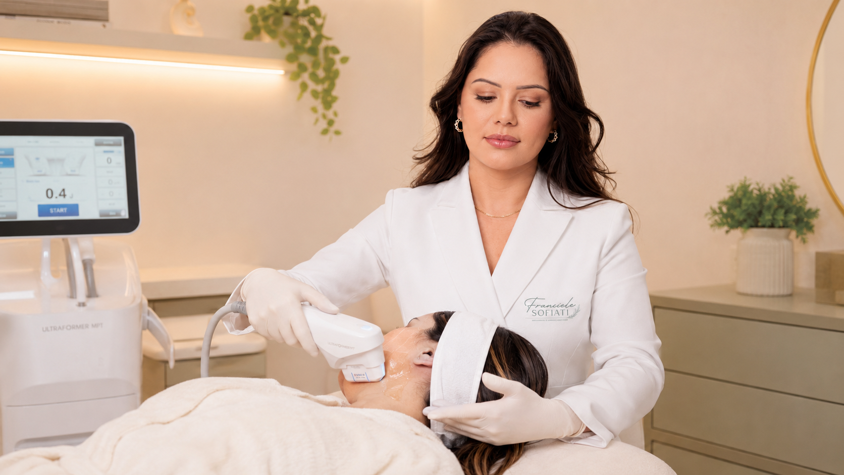 Tecnologia de ultrassom microfocado em uma clínica estética.